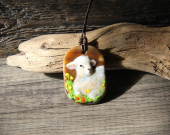 Lamb necklace  - new born baby  - fused glass pendant - Lambs in the flowers by FannyD
