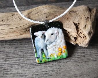 Beautiful Sheep necklace - mom and baby- unique fused glass pendant by FannyD