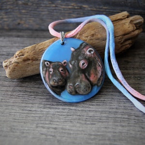 Amazing hippopotamus mom and baby - Fused glass pendant -hippopotamus jewelry- by FannyD