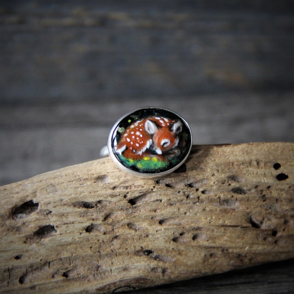 Little Baby fawn - sterling silver ring - fused glass jewelry - gypsy ring