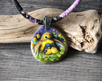 RESERVED for Maryann - Beautiful mama bird and babies necklace - Unique fused glass pendant by FannyD