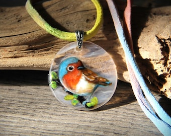 Beautiful Blue bird spring necklace - robin fused glass pendant- Unique jewelry by FannyD