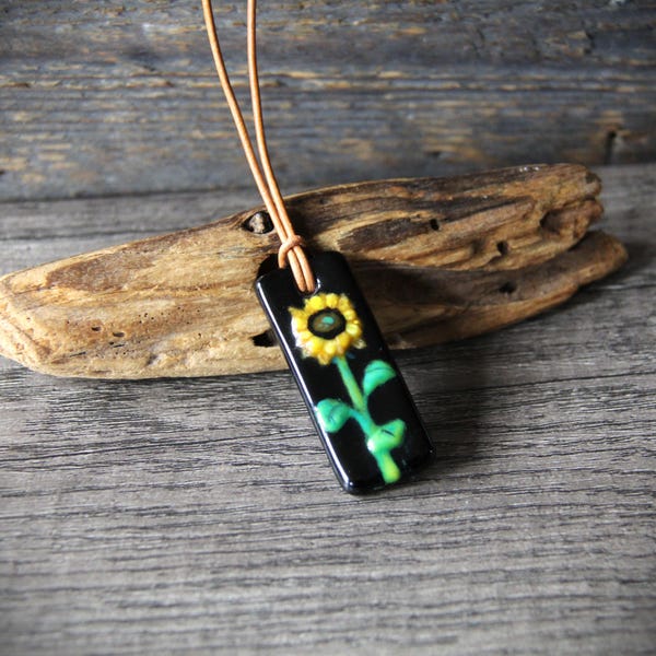 Sweet Sunflower - unique fused glass pendant- gypsy necklace