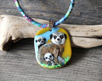 Beautiful meerkat mom and babies necklace  - Unique Fused glass pendant by FannyD