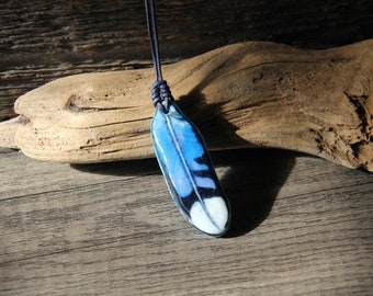 Unique Blue Jay glass feather -  unique fused glass pendant  by FannyD