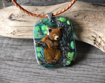 Brown baby bear in the tree necklace - cub fused glass pendant, by FannyD