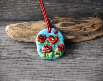 Poppy Necklace - fused glass pendent - red flower - jewelry by FannyD