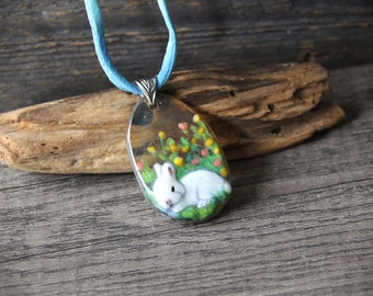 Bunny in the garden Necklace, Dichroic  fused glass pendant, sleepy Rabbit jewelry, white bunny, flowers bed unique glass art by FannyD