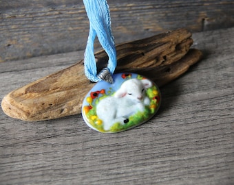 Lamb necklace  - new born baby  - fused glass pendant - Lambs in the flowers by FannyD