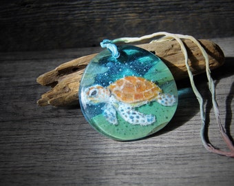 Sea Turtle in the water necklace - Unique Fused glass pendant by FannyD