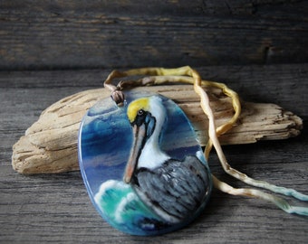 Amazing Pelican - Bird on the beach - Fused glass pendant- beach jewelry