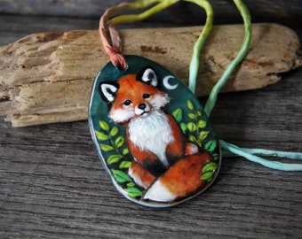 Baby fox in the forest - Fused glass pendant- Unique art glass art by FannyD