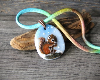 Sweet baby squirrel - first snow - Fused glass pendant - unique glass art by FannyD