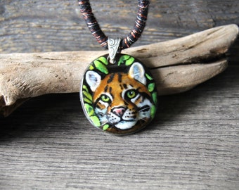 Amazing Ocelot in the jungle necklace  - Unique Fused glass pendant by FannyD