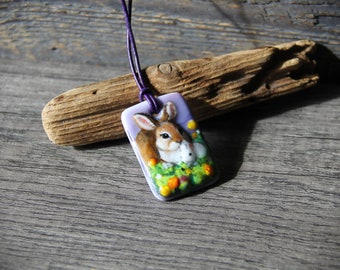 Sweet summer day Bunny mom and baby Necklace, fused glass pendant, Rabbit jewelry, brown bunny, spring, summer by FannyD