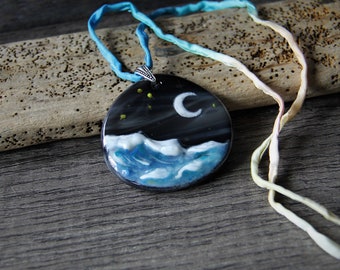 Call of the ocean - a wave in the night necklace - sea lover fused glass pendant,  unique glass jewelry by FannyD