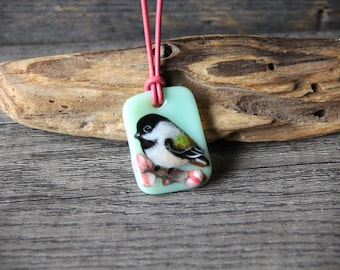 Chickadee necklace in the spring - fused glass pendant  - Unique bird jewelry  by FannyD