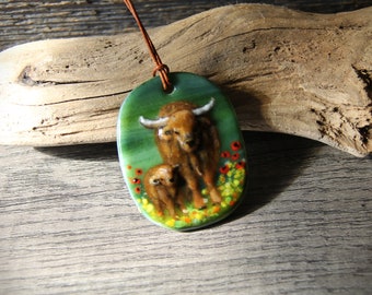 Highland cow mom and baby necklace - fused glass pendant - calf art - unique jewelry by FannyD