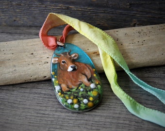 Sweet Cow necklace - fused glass pendant - calf art - farm jewelry- by FannyD