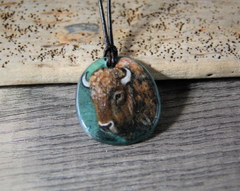 Buffalo portrait necklace - fused glass jewelry -  men jewelry pendant