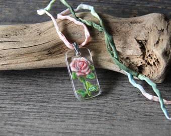 Delicate glass Rose Necklace, romantic fused glass pendant,  glass rose flower jewelry by FannyD