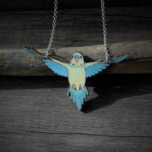 Beautiful Flying Budgie - bird pendant- by Fanny Dallaire -  leather collection