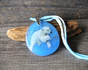 Amazing Polar bear in the water - Fused glass pendant - swimming polar bear unique glass art by FannyD