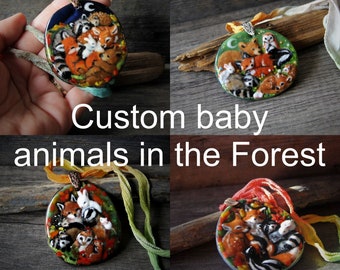 Custom baby animals forest Necklace - MADE TO ORDER - fused glass pendant - unique art glass jewelry by FannyD
