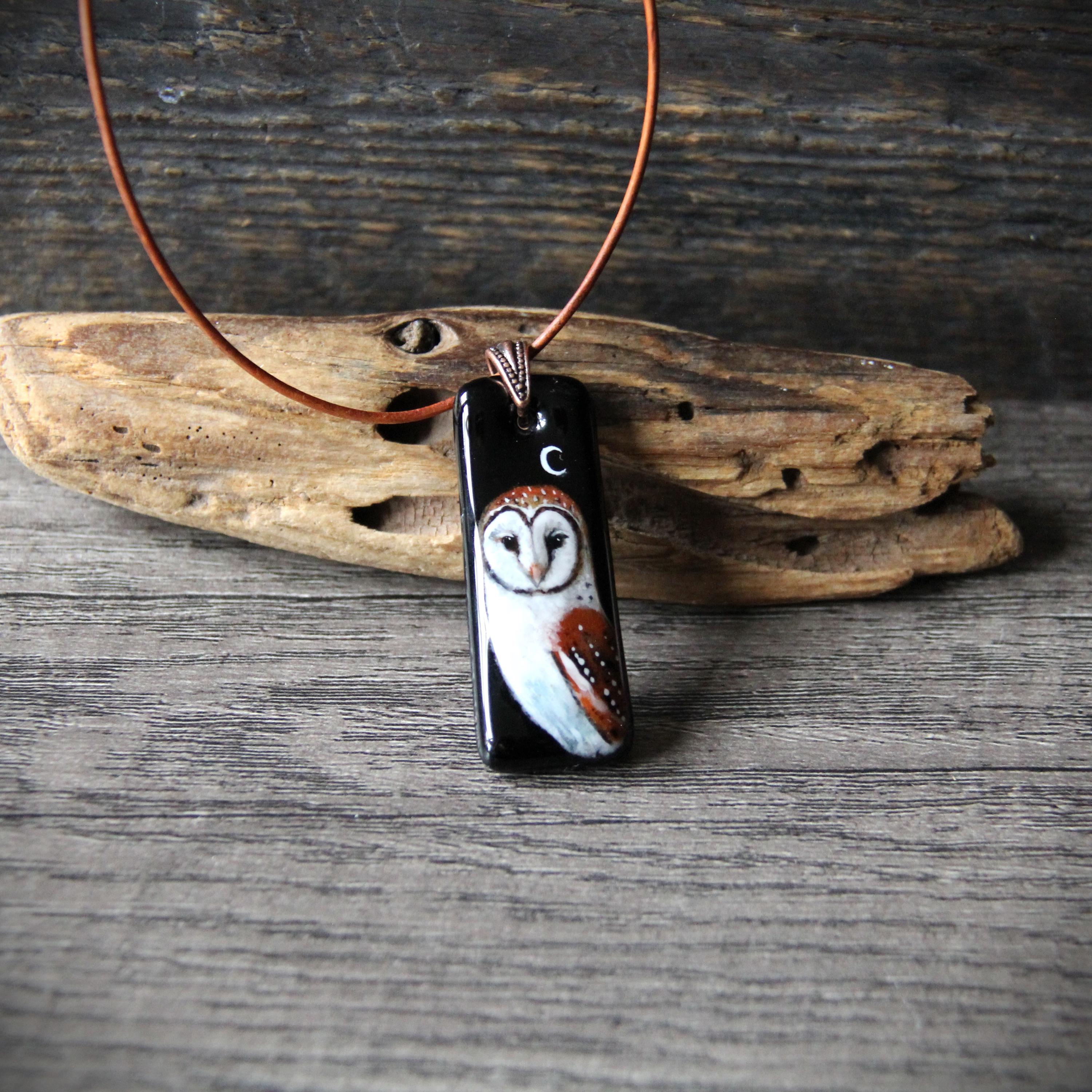 Beautiful barn Owl in the night necklace - fused glass pendant by FannyD