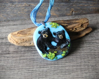 Amazing Black bears babies in the trees necklace - cub fused glass pendant, by FannyD