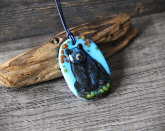 Black bear friend from the wood necklace -  fused glass pendant, by FannyD