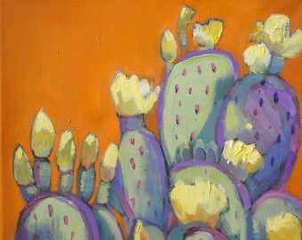 Yellow Prickly Pear Cactus/Original Oil Painting/11 x 14 inch Canvas/Signed Janet Ramble