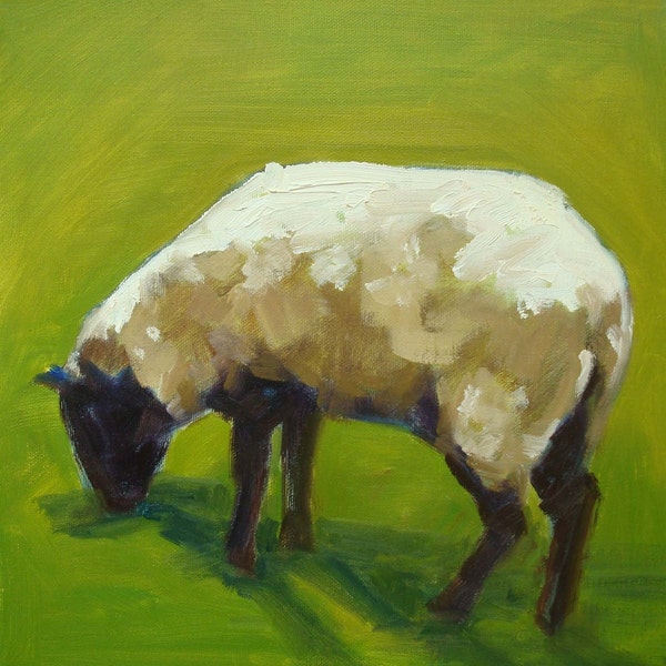 Sheep in Green Grass Landscape Oil Painting 12 x 12