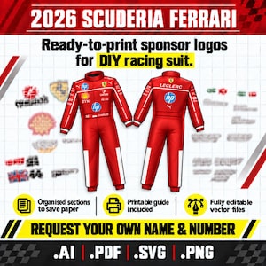 Könnte beinhalten: Eine digitale Grafik mit Scuderia Ferrari Rennanzug-Designs für 2026 inklusive Sponsorenlogos. Das Bild zeigt Vorder- und Rückansicht eines roten Rennanzugs, ergänzt durch verschiedene Logo-Aufkleber, Texte und Symbole für Dateiformate wie AI, PDF, SVG und PNG.