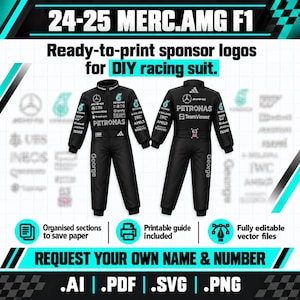 May include: A digital graphic displaying front and back views of a black racing suit with sponsor logos, including PETRONAS and TeamViewer. Text reads 24-25 MERC.AMG F1, Ready-to-print sponsor logos for DIY racing suit, and Request your own name & number.