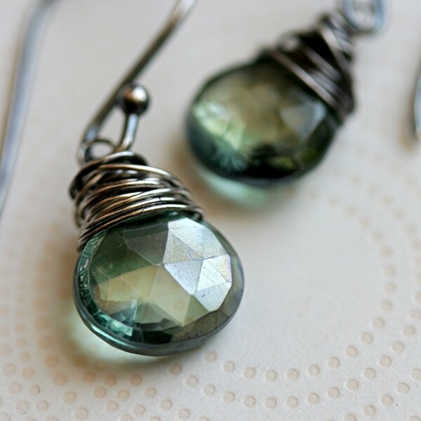 Wire Wrapped Mystic Green Quartz Luminous Green Aura Borealis Finish Sterling Silver Ear Wires