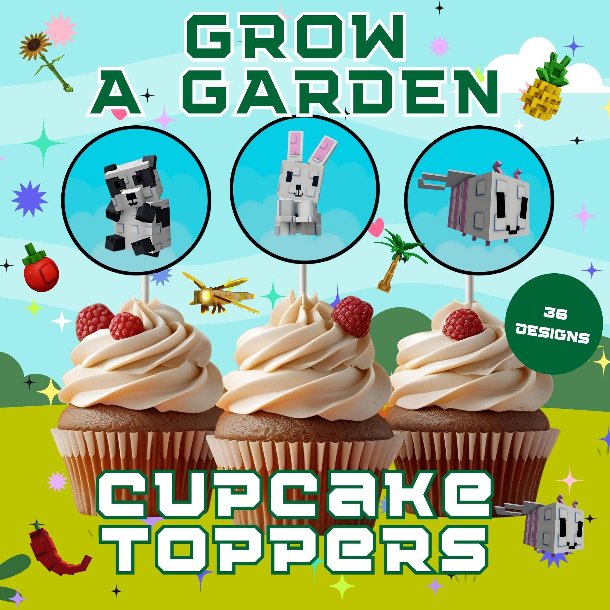 Grow A Garden Cupcake Toppers, Roblox Cupcake Toppers, Printable Party Decor, Roblox Game, Instant Digital Download, 36 Designs