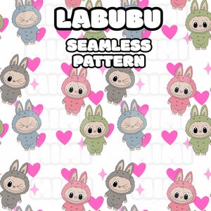 Labubu Monsters Seamless Pattern, Labubu PNG, Labubu Clipart, Labubu Sublimation, Labubu Repeating Pattern, Kawaii Labubu, Instant Download