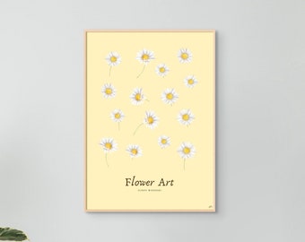 Puede incluir: Una impresión enmarcada con fondo amarillo y margaritas blancas esparcidas por la superficie. El texto "Flower Art" está impreso en negro en la parte inferior de la impresión.