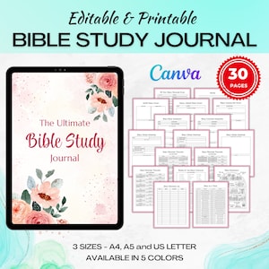 Pode incluir: Uma maquete digital de um diário de estudo bíblico imprimível com um design floral. A capa do diário apresenta o texto "The Ultimate Bible Study Journal". O diário está disponível em 3 tamanhos e 5 cores. O diário inclui 30 páginas de folhas de trabalho imprimíveis.