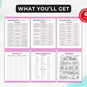 May include: A printable Bible reading tracker with six pages. The pages include a Bible reading log, a checklist of books in the Bible, and a bookshelf graphic.