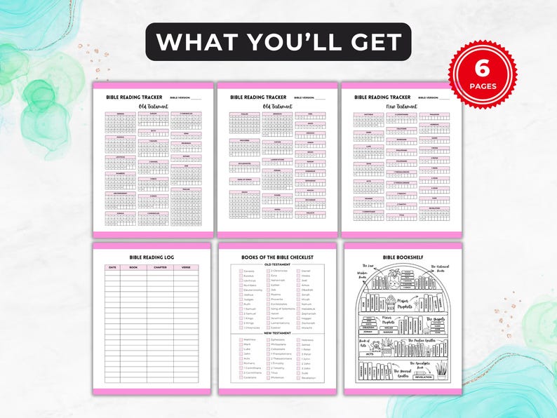 May include: A printable Bible reading tracker with six pages. The pages include a Bible reading log, a checklist of books in the Bible, and a bookshelf graphic.