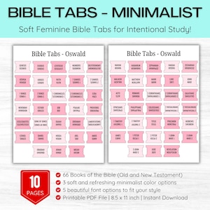Könnte beinhalten: Rosa Bibel-Registerkarten mit dem Text "Bible Tabs - Oswald" und Buchnamen. Das Bild enthält ein rotes Abzeichen mit der Aufschrift "10 Seiten". Der Text oben lautet "BIBLE TABS - MINIMALIST" und "Soft Feminine Bible Tabs for Intentional Study!"