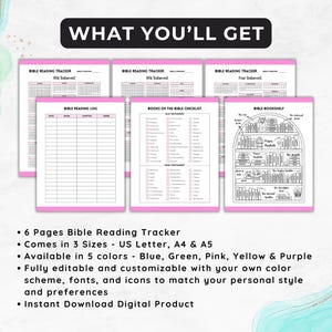 May include: Six printable pages for tracking Bible reading. The pages include a reading log, a checklist of books in the Bible, and a bookshelf graphic. The pages are available in five colors: blue, green, pink, yellow, and purple. The pages are fully editable and customizable.