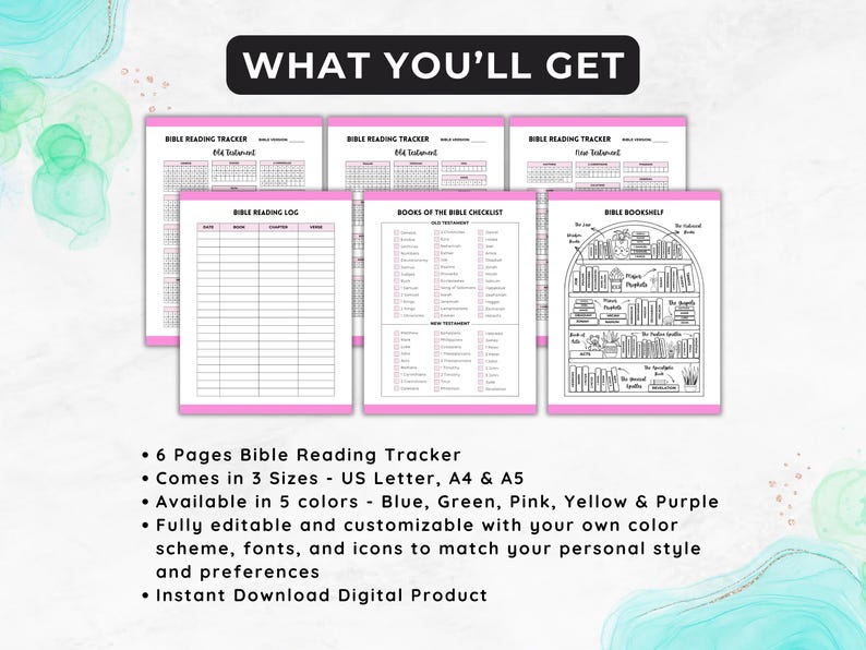 May include: Six printable pages for tracking Bible reading. The pages include a reading log, a checklist of books in the Bible, and a bookshelf graphic. The pages are available in five colors: blue, green, pink, yellow, and purple. The pages are fully editable and customizable.