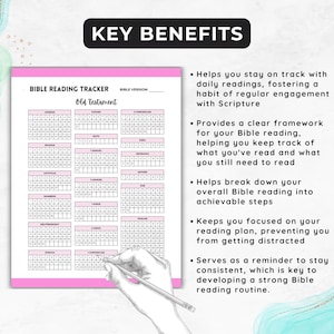 May include: A printable Bible reading tracker for the Old Testament. The tracker is a pink and white grid with boxes for each day of the year. The text "BIBLE READING TRACKER" and "Old Testament" is printed in black. The text "BIBLE VERSION" is printed in black with a blank line for the user to fill in.