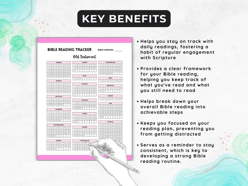 May include: A printable Bible reading tracker for the Old Testament. The tracker is a pink and white grid with boxes for each day of the year. The text "BIBLE READING TRACKER" and "Old Testament" is printed in black. The text "BIBLE VERSION" is printed in black with a blank line for the user to fill in.