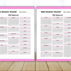 May include: A printable Bible reading tracker for the Old Testament. The tracker is divided into two pages, each with a grid of 30 squares for each book of the Bible. The grid is labeled with the book name and chapter numbers. The tracker is designed to help people keep track of their Bible reading.