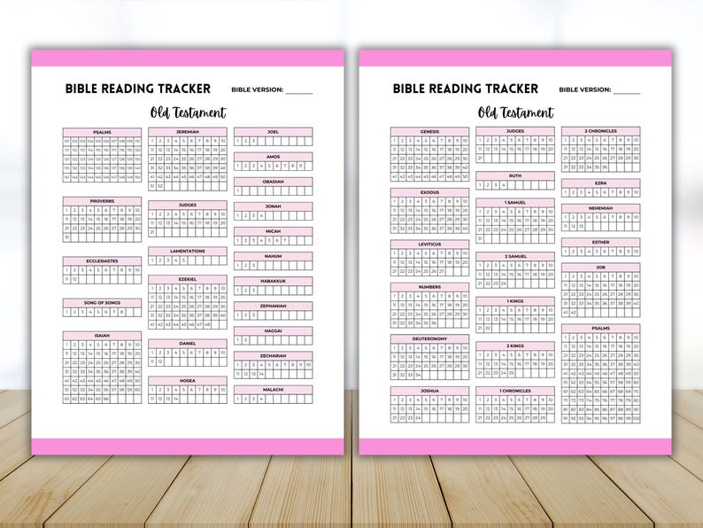 May include: A printable Bible reading tracker for the Old Testament. The tracker is divided into two pages, each with a grid of 30 squares for each book of the Bible. The grid is labeled with the book name and chapter numbers. The tracker is designed to help people keep track of their Bible reading.