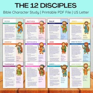 May include: A printable PDF file titled "THE 12 DISCIPLES" with character studies of Peter, Matthew, Philip, James, Andrew, Bartholomew, John, Simon the Zealot, Thaddaeus, Thomas, James, and Judas Iscariot. The file is US Letter size and has 96 pages.